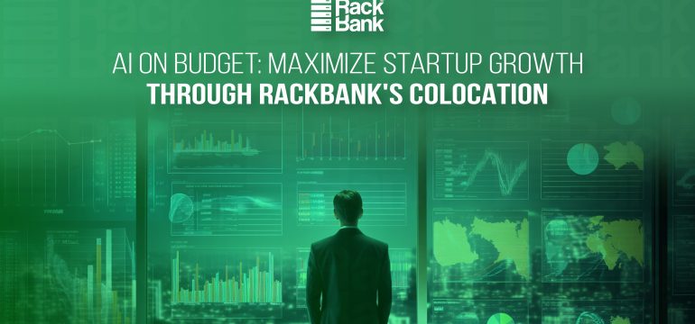 Modern Indian data center with rows of servers, representing affordable and scalable AI startup infrastructure at RackBank